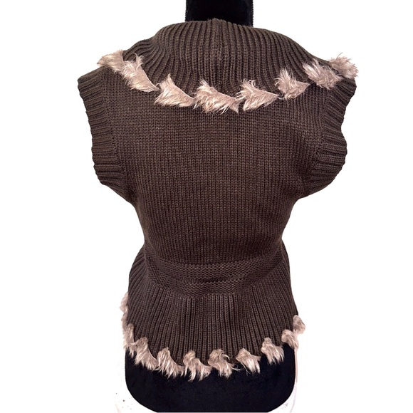 VTG Y2K Cache Cardigan Sweater Vest Womens Small Faux Fur Trim Brown Shag - Picture 3 of 12